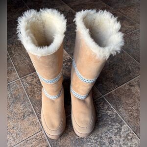 UGG Sundance Revival Tasman Braid Sand Beige Suede Fur Tall Boots Women’s Size 8